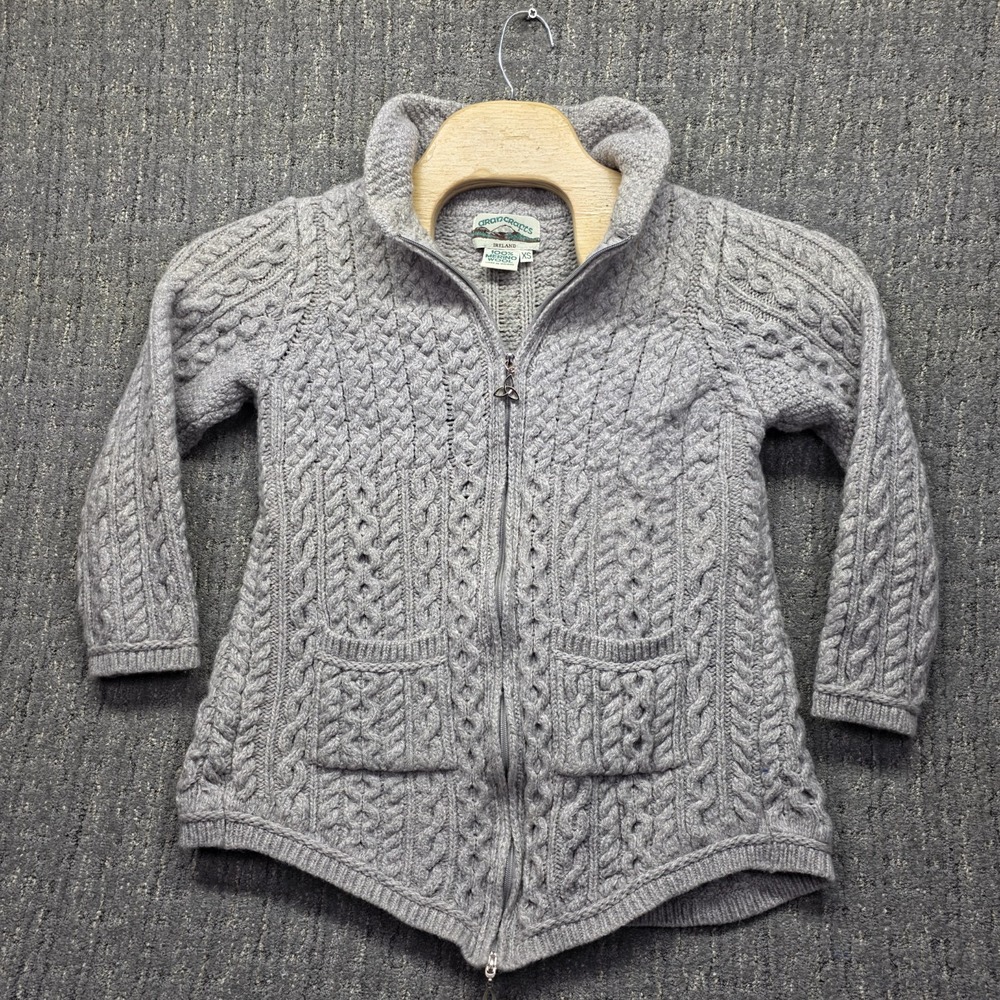 Aran Crafts Ireland Merino Wool Cardigan XS Grey Zip Cable Knit Trinity Knot Ven
